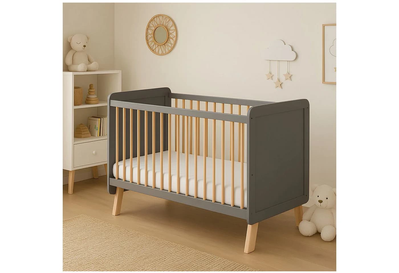 Baby-Delux Babybett Lou grau 60x120 Kiefernholz mit Matratze