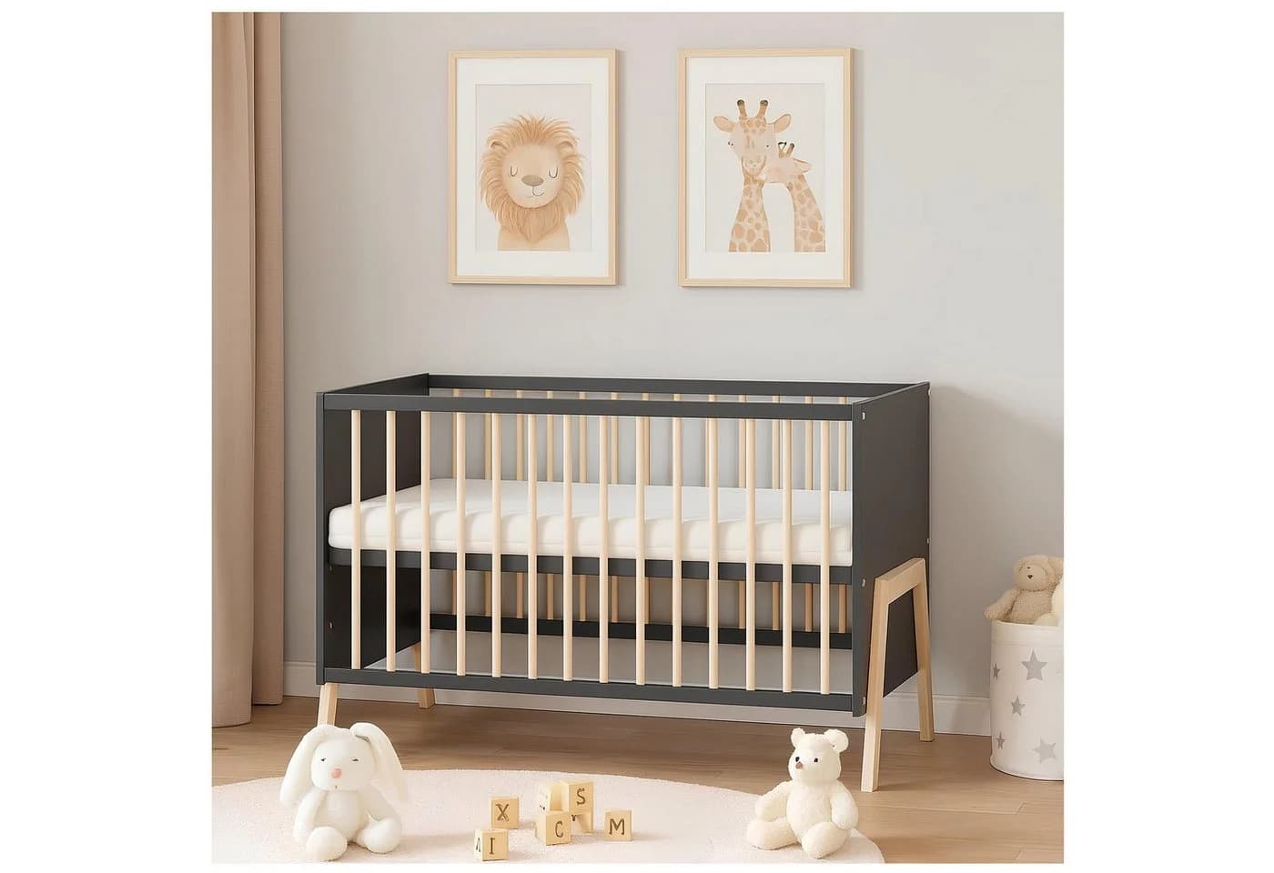 Baby-Delux Babybett Juna Anthrazit Kiefer, Kinderbett 60x120 Schutzgitter Matratze - Bild 2