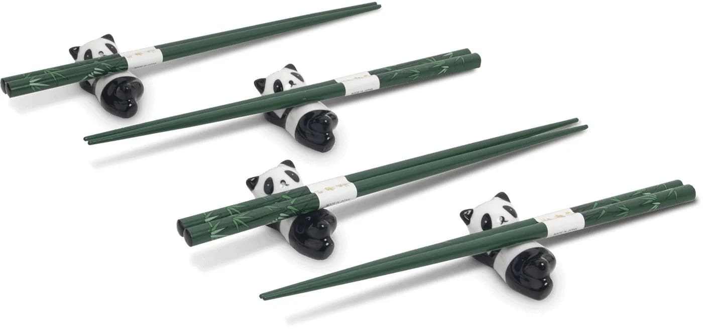 WestCraft Essstäbchen Set Japan 4 Paar Holz mit Keramik Ablagen Lucky Cat Panda - Bild 2