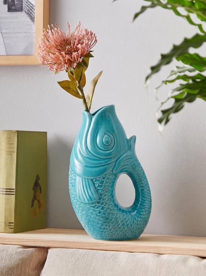 WestCraft Dekovase Fischvase Keramik in Blau/Türkis/Weiß