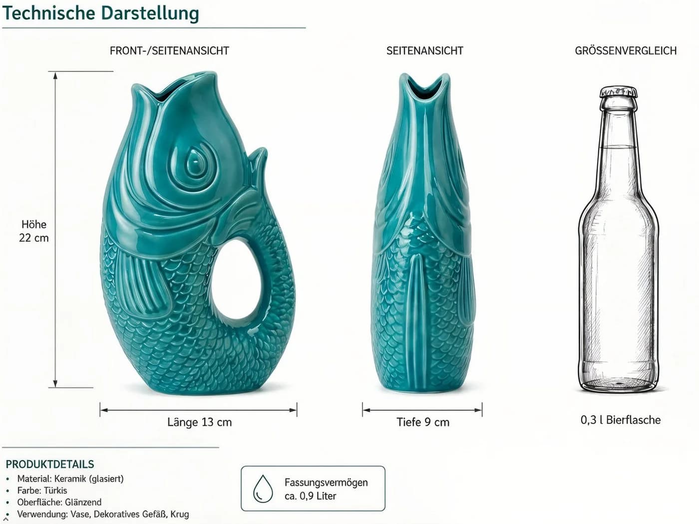 WestCraft Dekovase Fischvase Keramik in Blau/Türkis/Weiß - Bild 3