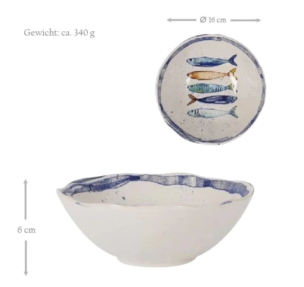 WestCraft Schüssel 16 cm 4er Set Steinzeug Sardinen-Motiv Maritim