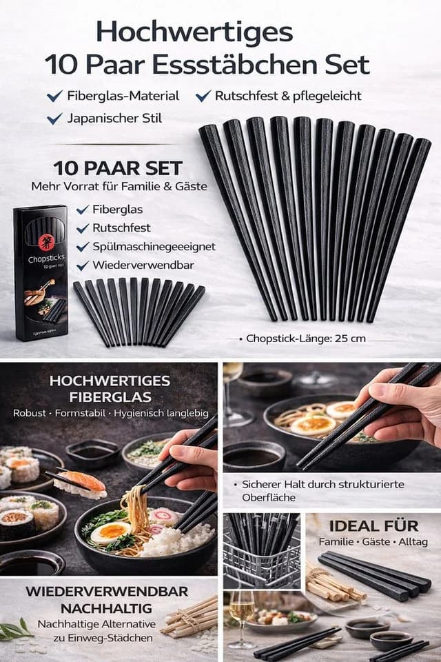 WestCraft Essstäbchen Fiberglas Schwarz 10 Paar Japanischer Stil - Bild 3