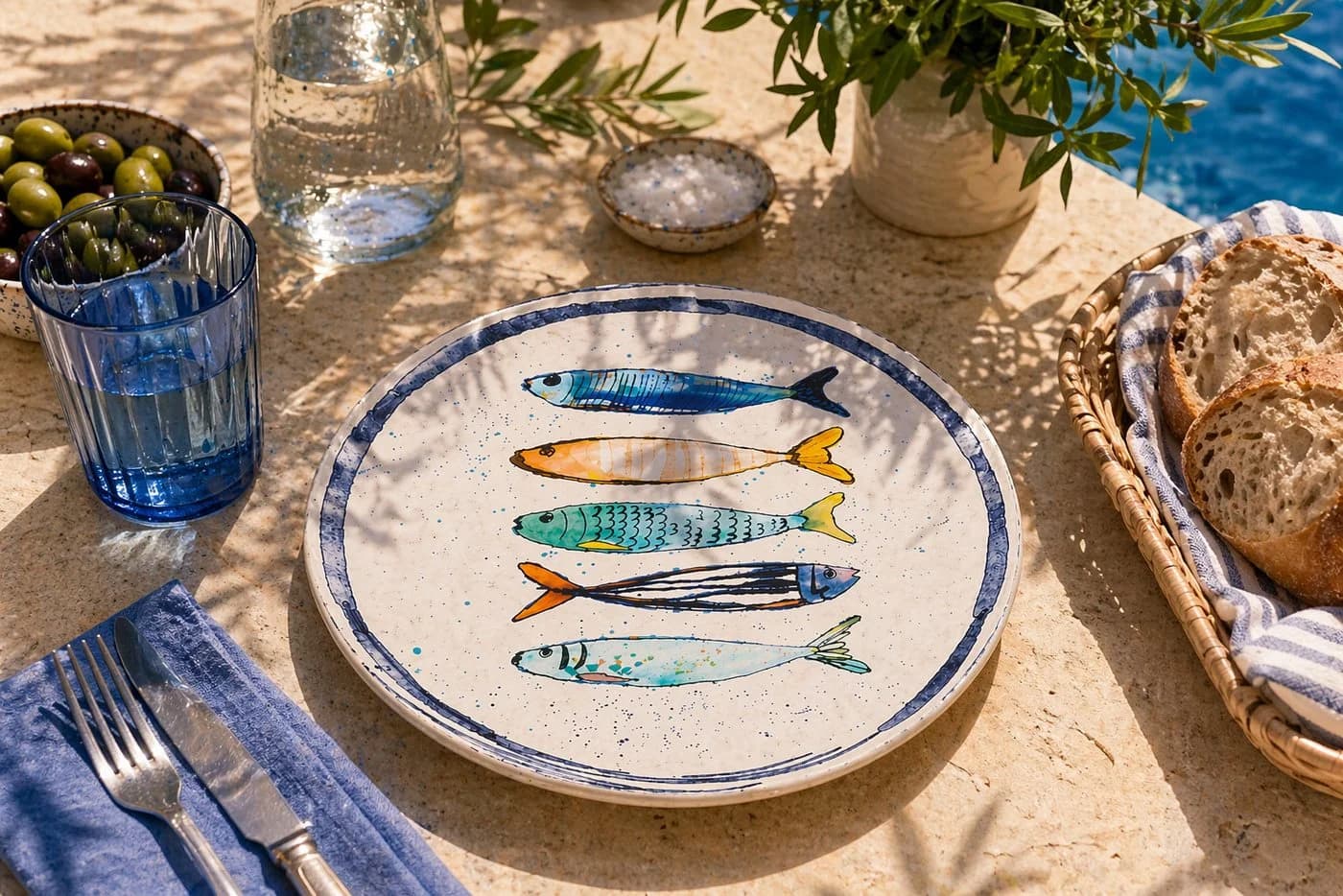 WestCraft Speiseteller 4er Set Medit. Sardinen-Motiv Steinzeug - Bild 5