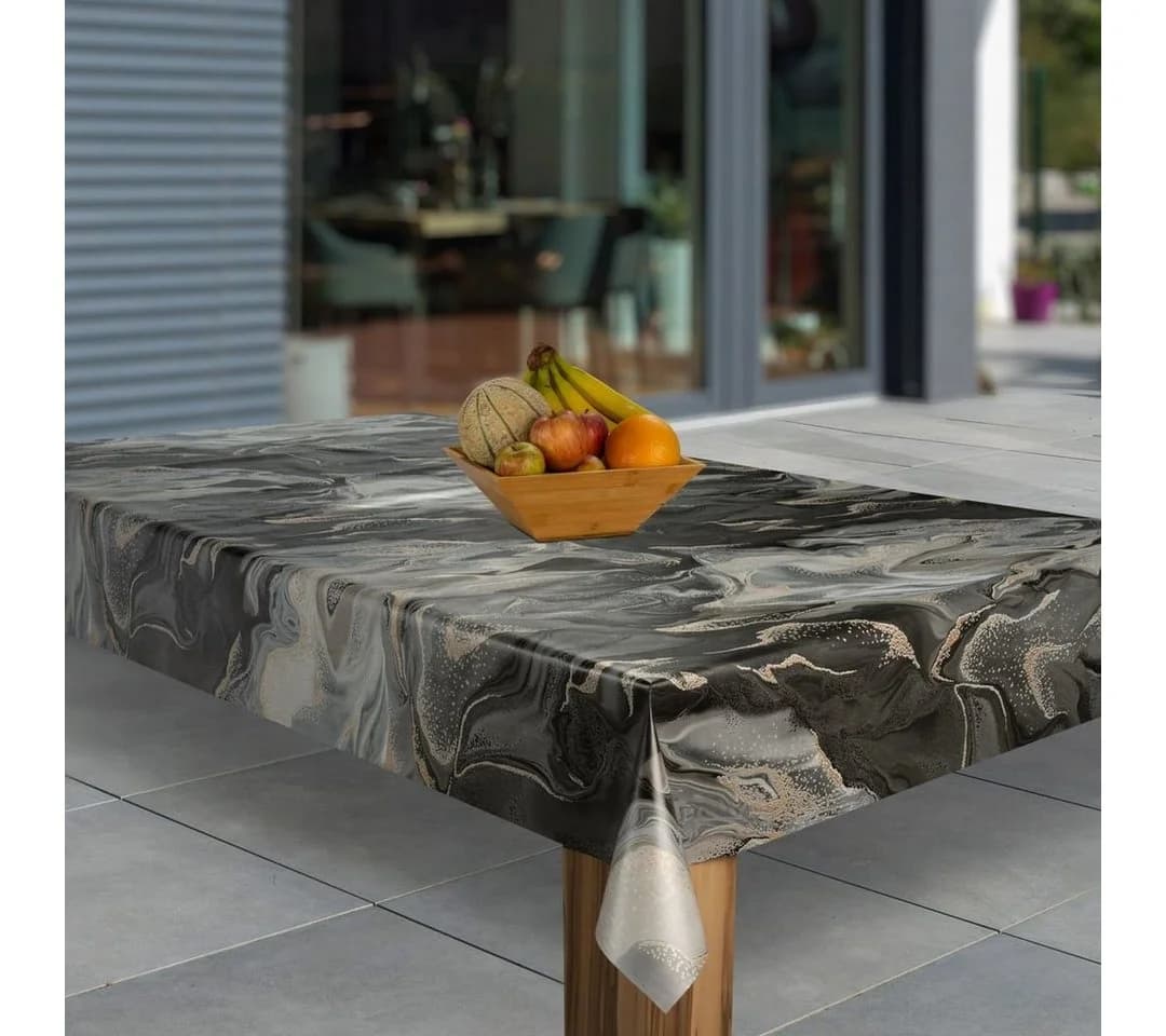 Laro Tischdecke Wachstuch Marmoriert Schwarz Beige Grau