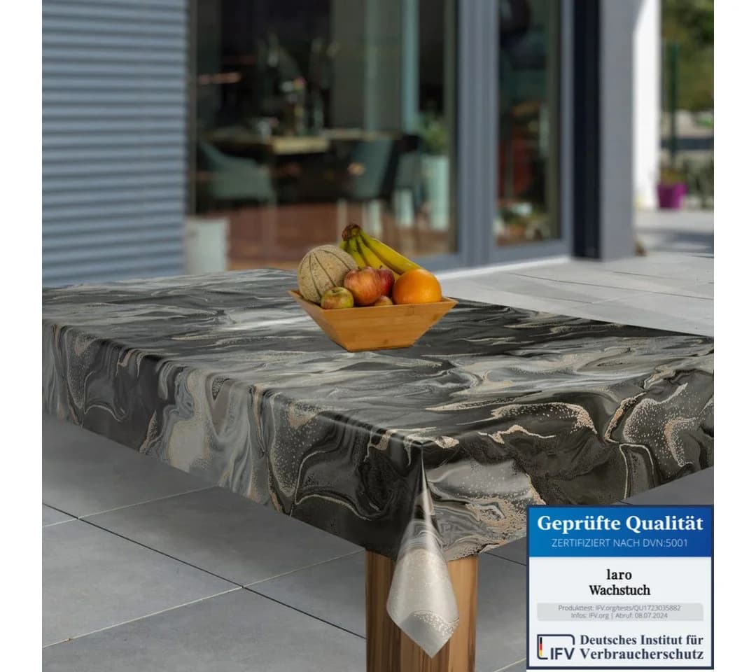 Laro Tischdecke Wachstuch Marmoriert Schwarz Beige Grau - Bild 2