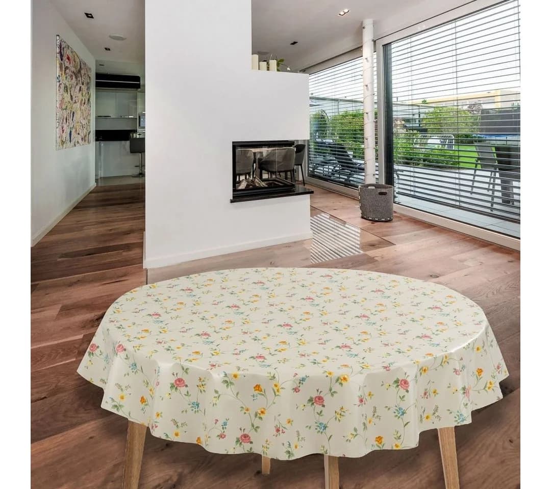 Laro Tischdecke Wachstuch Blumenmuster Gelb Grün Rund 140cm