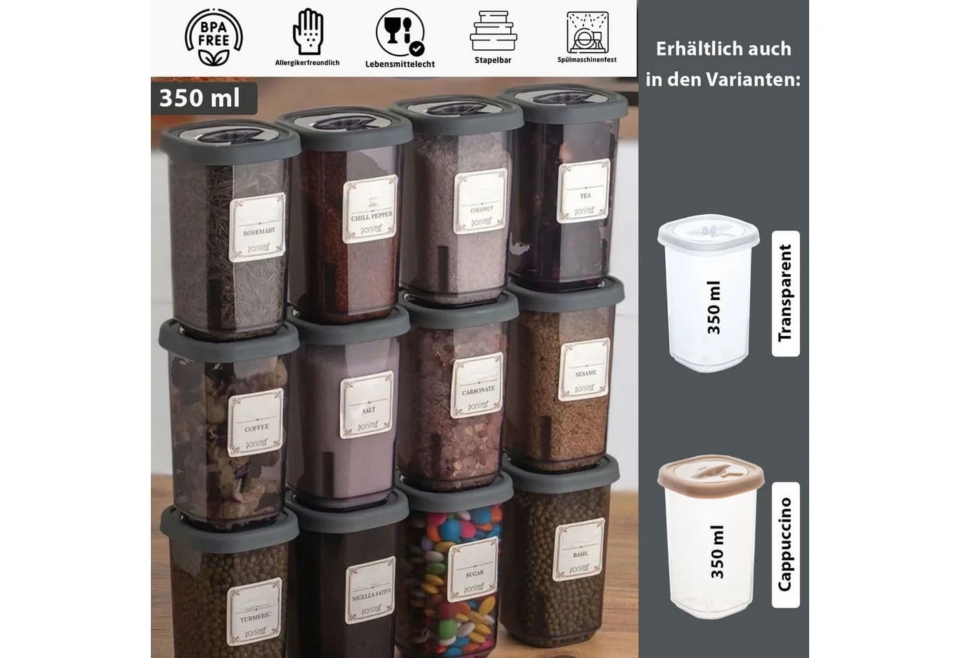 Jungengel Gewürzbehälter Set 12-tlg. Anthrazit/Cappuccino/Transparent BPA-frei - Bild 2