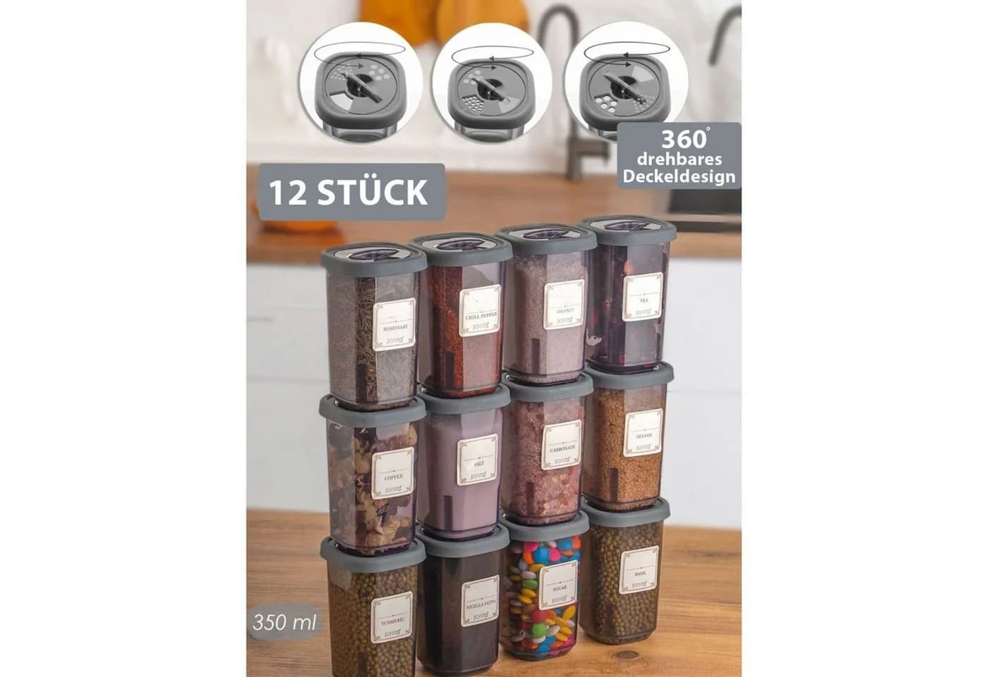 Jungengel Gewürzbehälter Set 12-tlg. Anthrazit/Cappuccino/Transparent BPA-frei - Bild 3