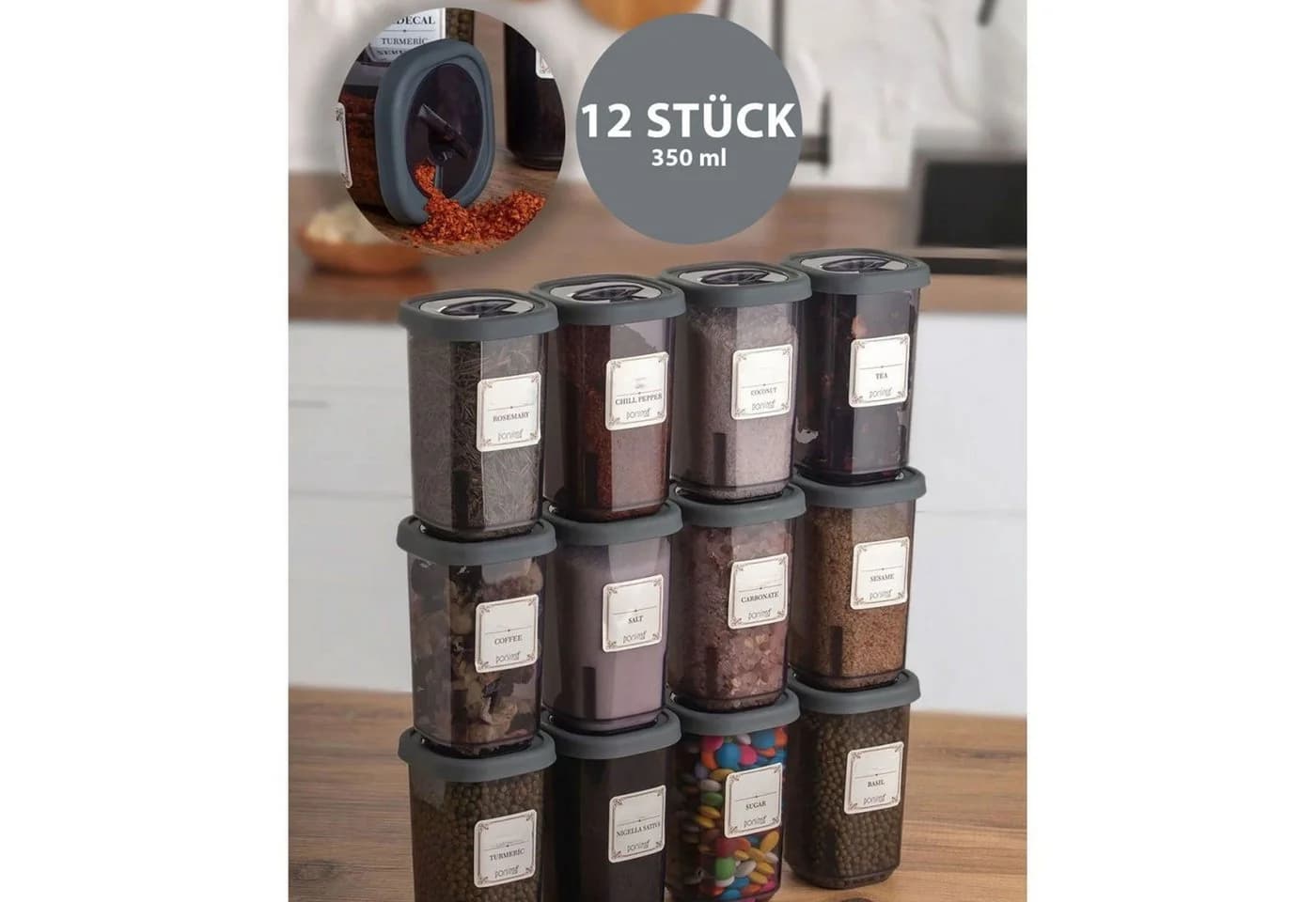 Jungengel Gewürzbehälter Set 12-tlg. Anthrazit/Cappuccino/Transparent BPA-frei - Bild 4