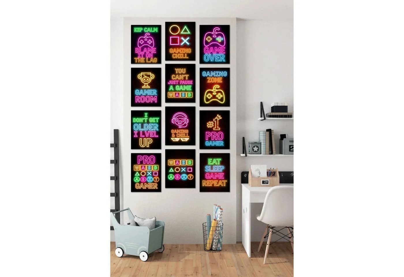 Jungengel Wandbild Gamer Zocker 12-Teilig Wanddeko Gaming-Room Spielzimmer