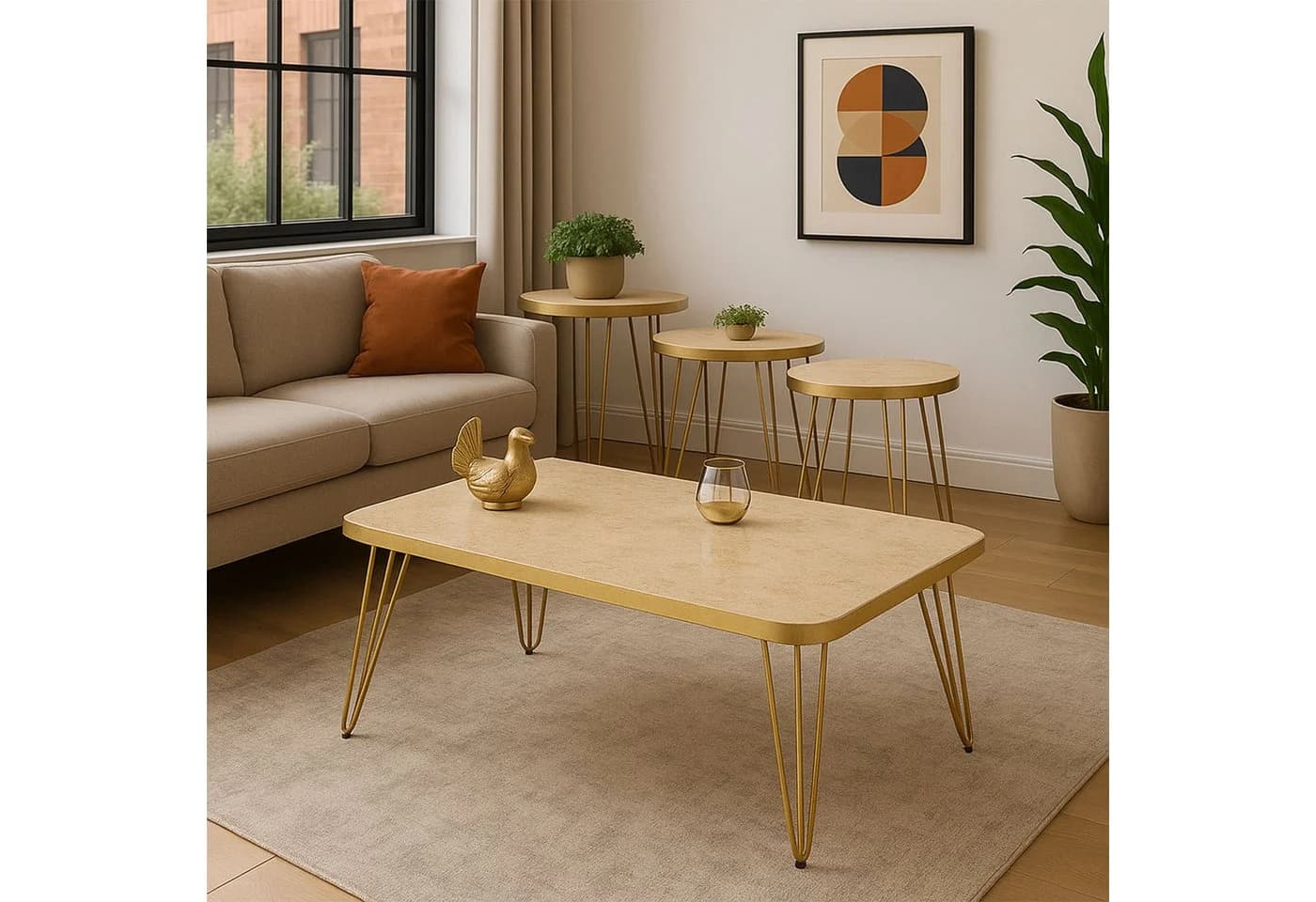 Jungengel Couchtisch-Set 4-teilig Travertin Creme Gold Wohnzimmer Beistelltisch Naturstein - Bild 2