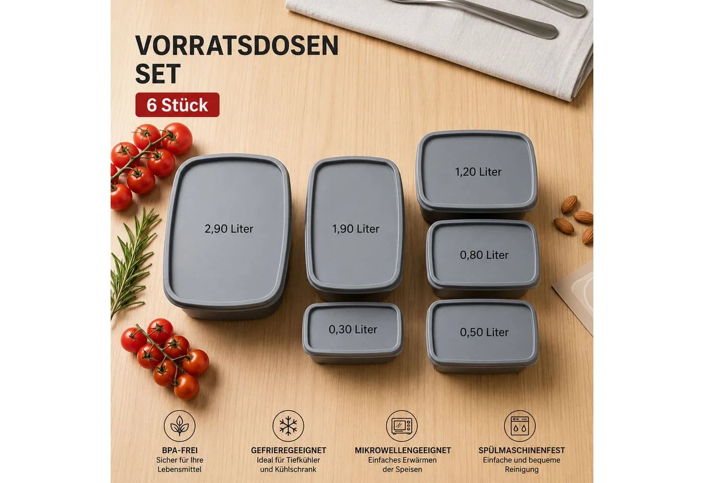 Jungengel Vorratsdosen-Set 6-tlg. Stapelbar BPA-Frei Grau - Bild 3