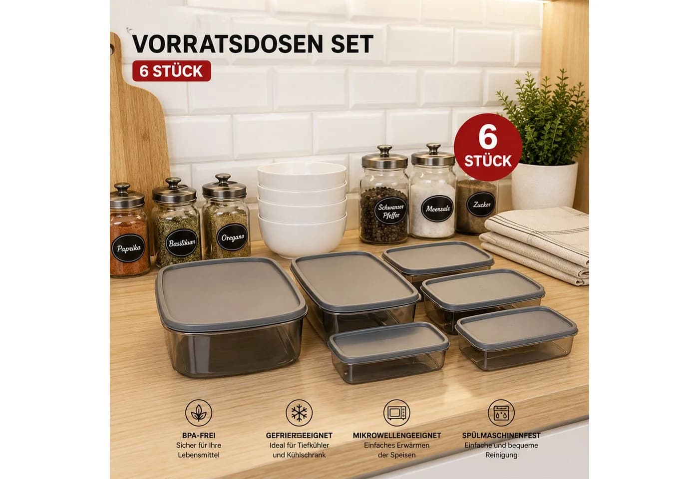 Jungengel Vorratsdosen-Set 6-tlg. Stapelbar BPA-Frei Grau - Bild 4