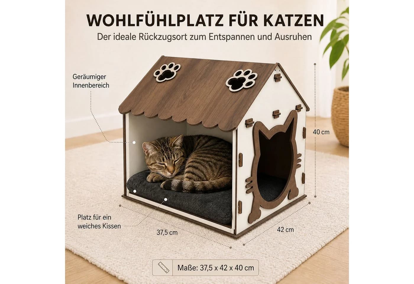 Jungengel Katzenhaus Holz Weiß mit Dach-Stauraum - Bild 2