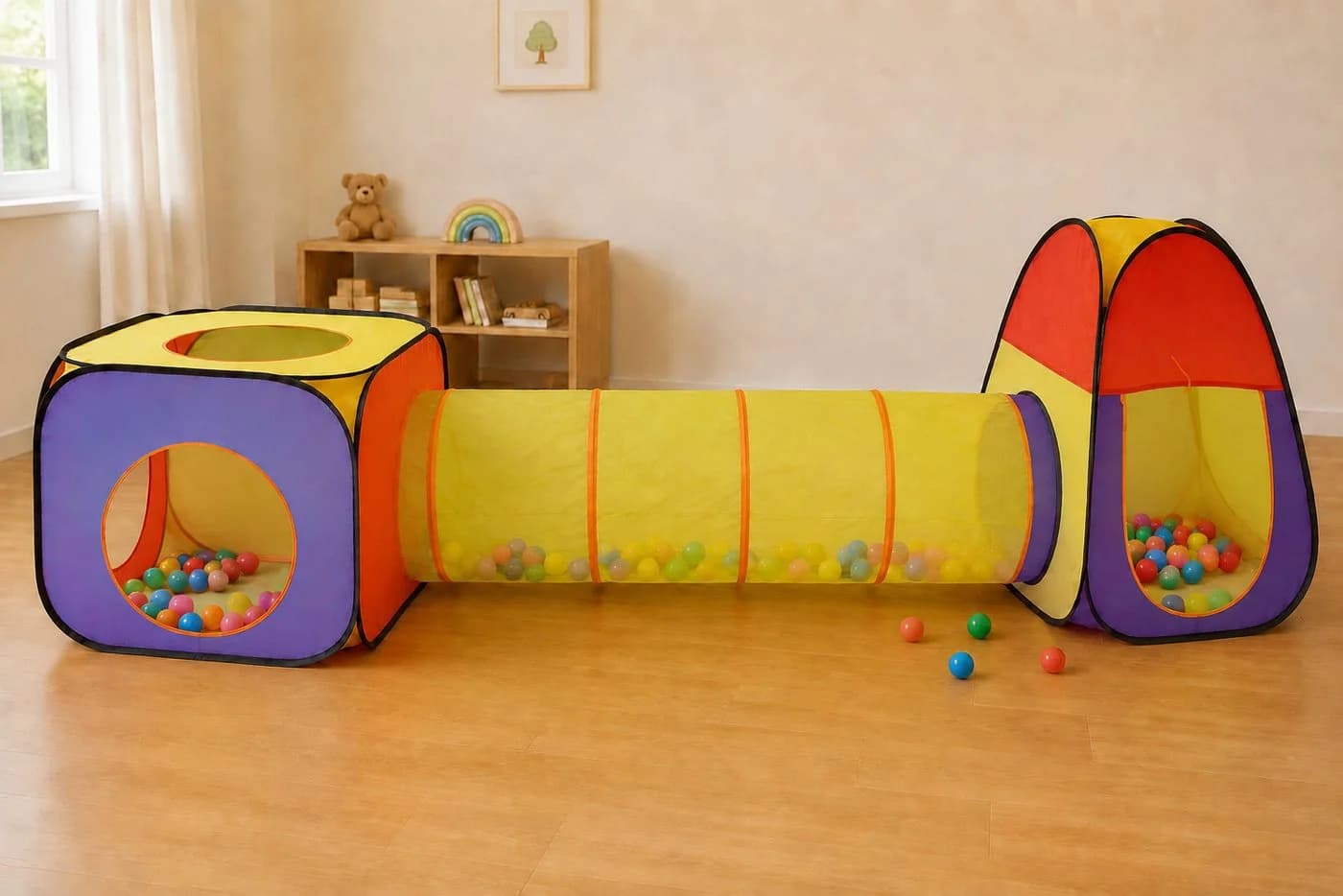 Rungassi 3-teiliges Kinder-Spielzelt mit Krabbeltunnel und 200 Bällen