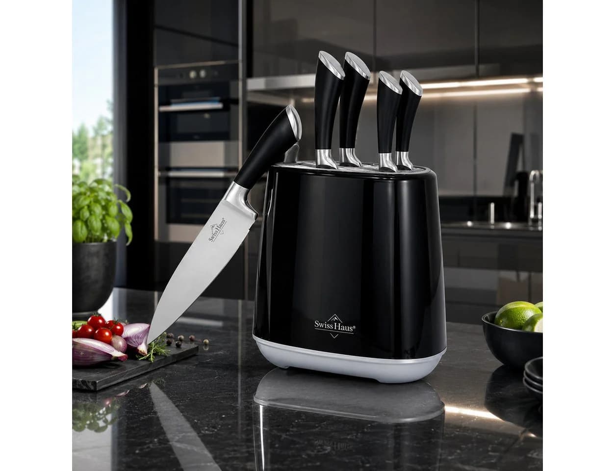 Swiss-Haus Messerblock 6-tlg. Schwarz mit Kochmesser, Santoku & Steakmesser