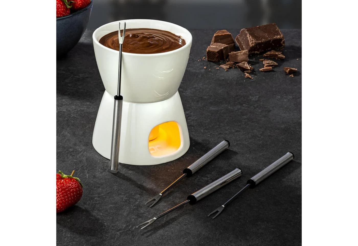 HI Schokoladen Fondue-Set aus Porzellan Weiß mit 4 Edelstahl-Gabeln - Bild 3