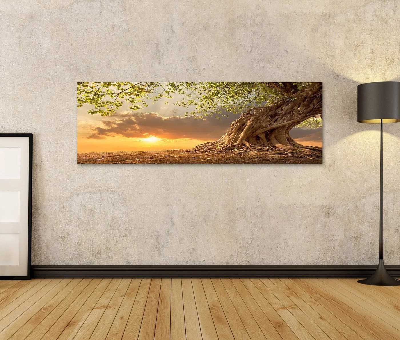 islandburner Leinwandbild Baum Sonnenuntergang Orange Panorama