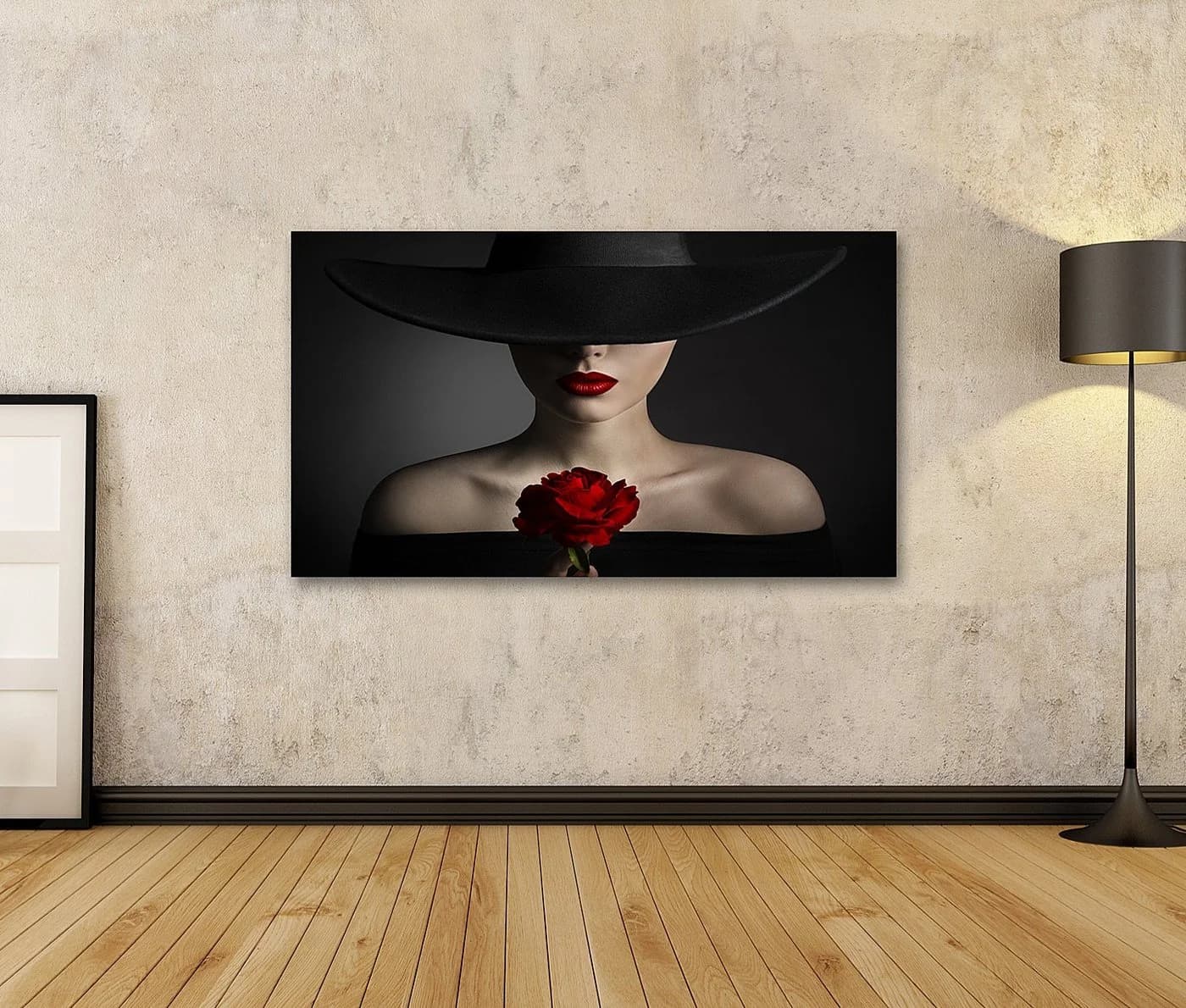 islandburner Leinwandbild Frau mit Roter Rose und Schwarzem Hut