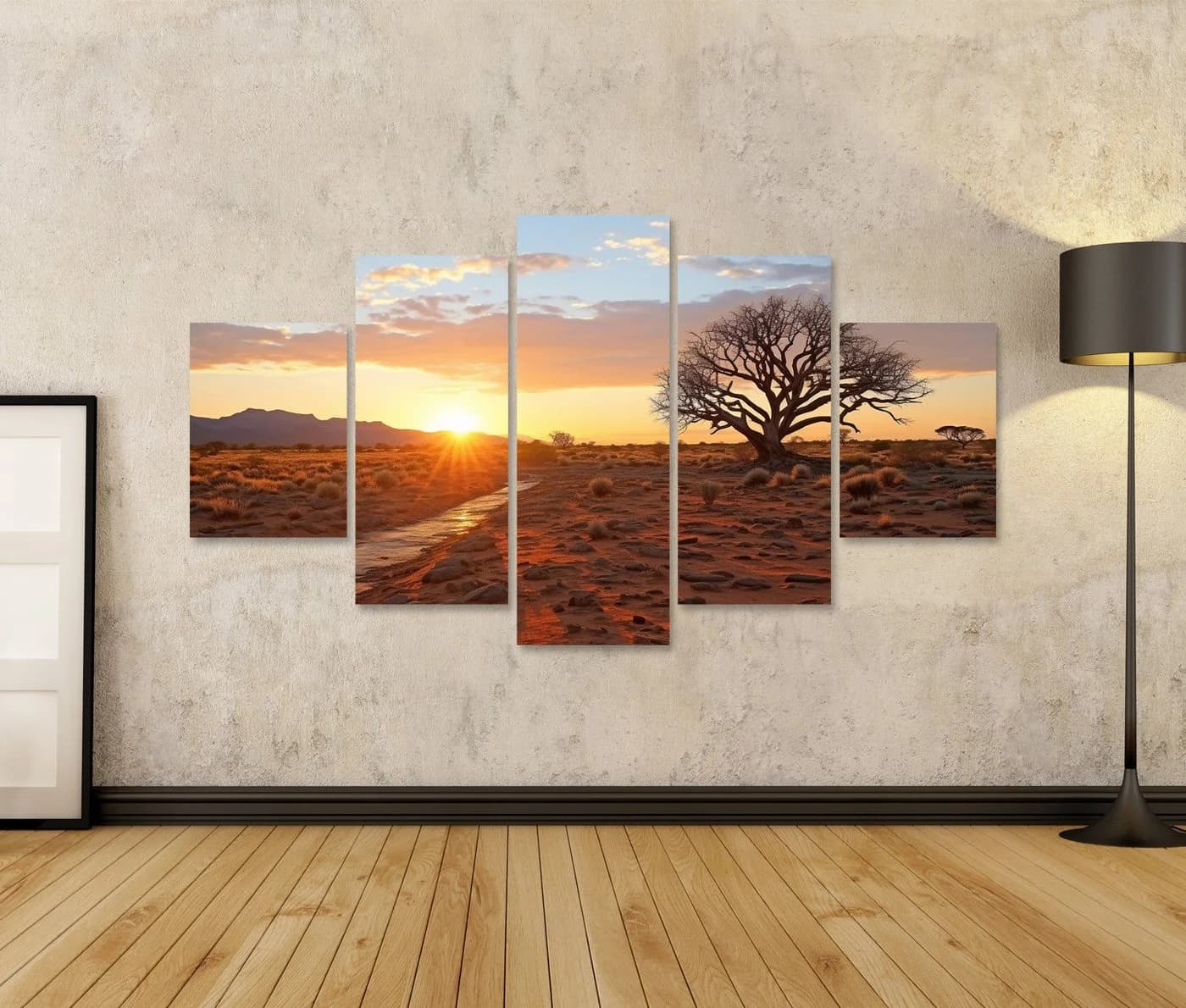 islandburner Leinwandbild Sonnenuntergang Afrikanische Savanne 5-teilig