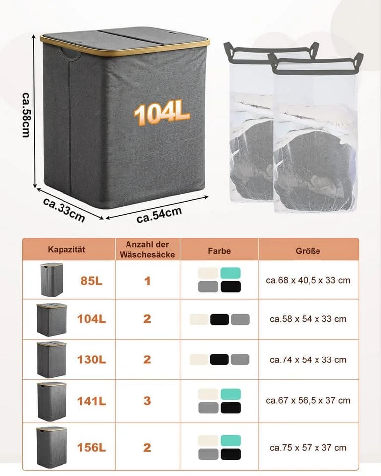 Ribelli Wäschekorb mit Deckel und Wäschesack Grau 104L