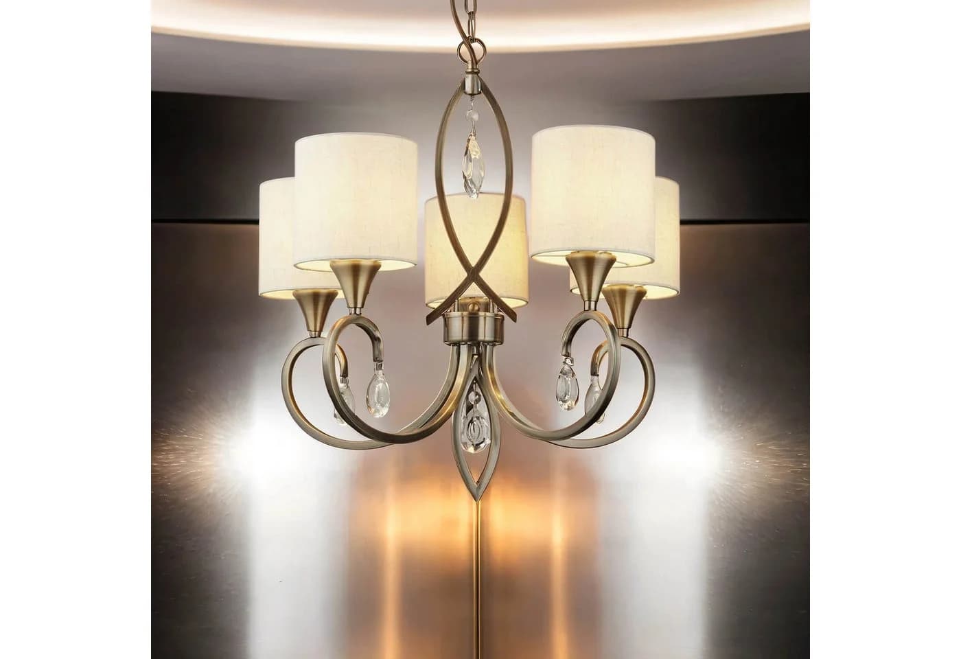 Licht-Erlebnisse Kronleuchter KENZIE 5-flammig Messing Antik E14 Stoff