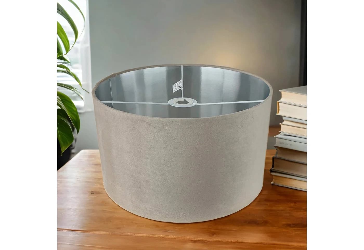 Licht-Erlebnisse Lampenschirm GIRONA Taupe Silber gebürstet Ø 38 cm Stoff Modern Flur