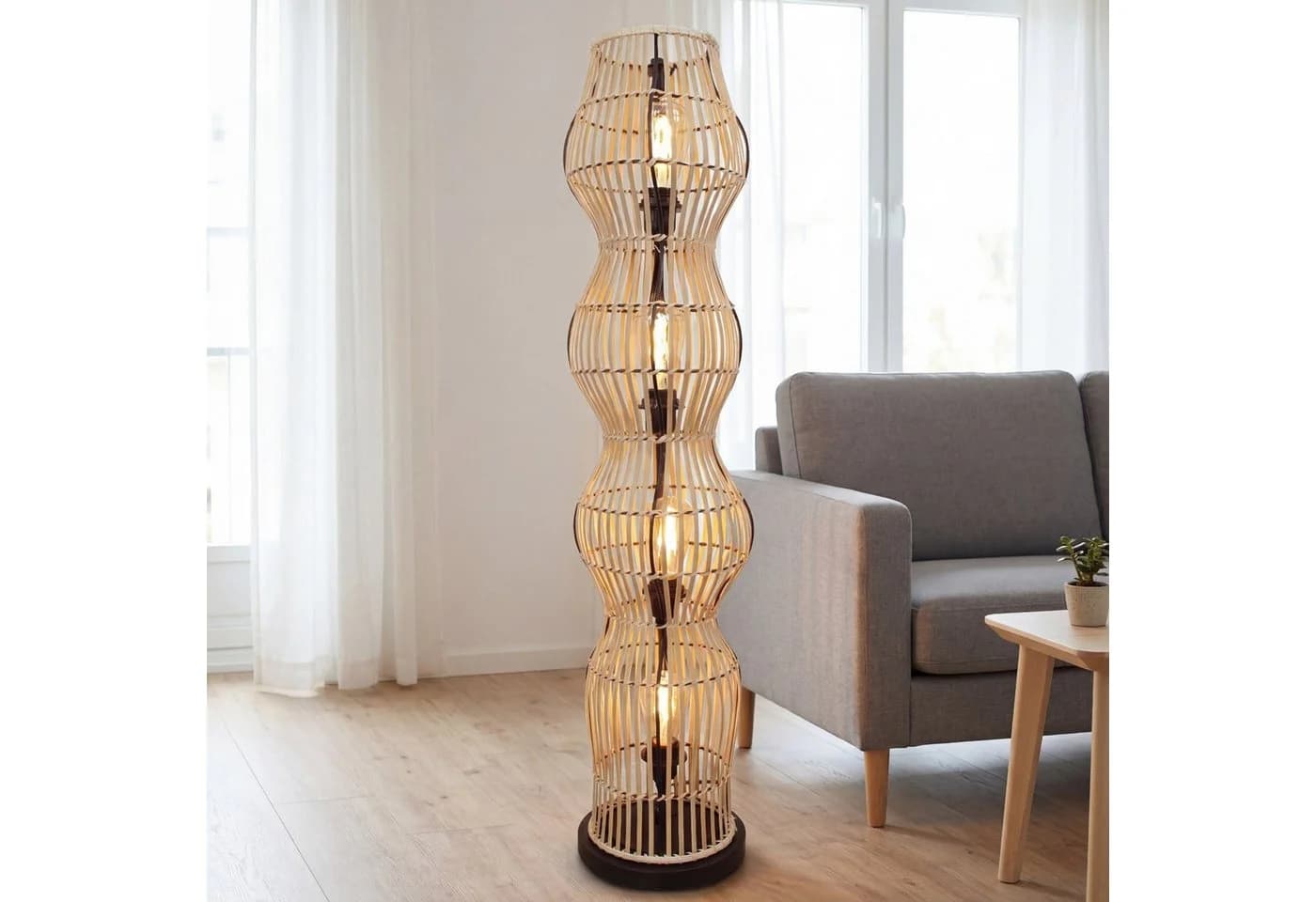 Licht-Erlebnisse Stehlampe ARSTAL Schwarz Bambus Metall E27