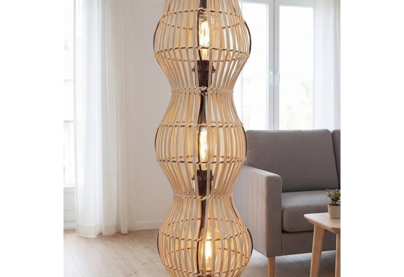 Licht-Erlebnisse Stehlampe ARSTAL Schwarz Bambus Metall E27 - Bild 3