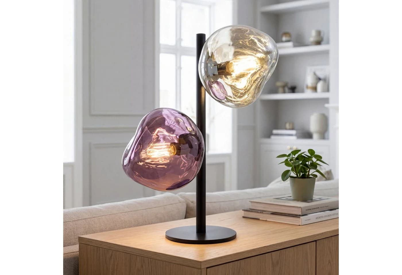Licht-Erlebnisse Tischleuchte CLONLINA Schwarz/Weiß/Lila Glas Metall
