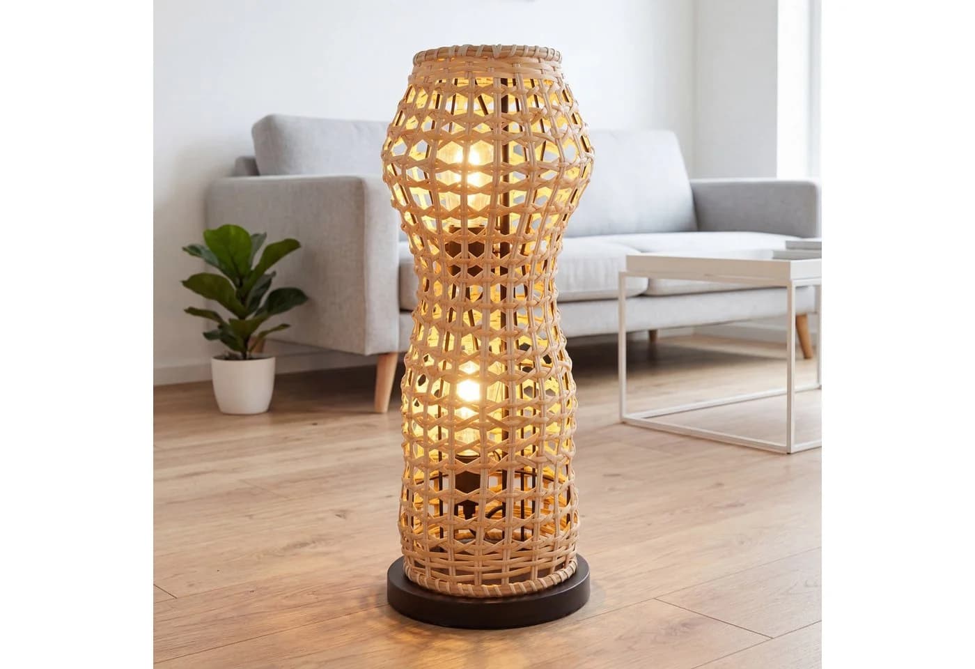 Licht-Erlebnisse Stehlampe LAUKIRCH Schwarz Metall Rattan E27 2-flammig
