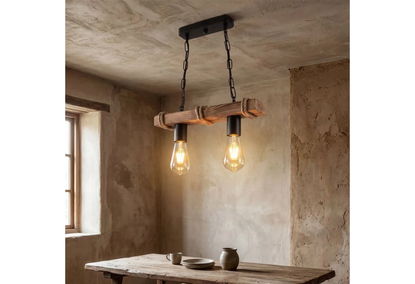 Licht-Erlebnisse Pendelleuchte LIRIEN Rustikal Schwarz/Braun Holz Metall