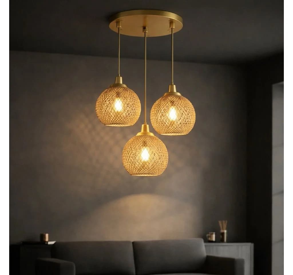 Licht-Erlebnisse Pendelleuchte NORWIN Gold Antik Jute E27