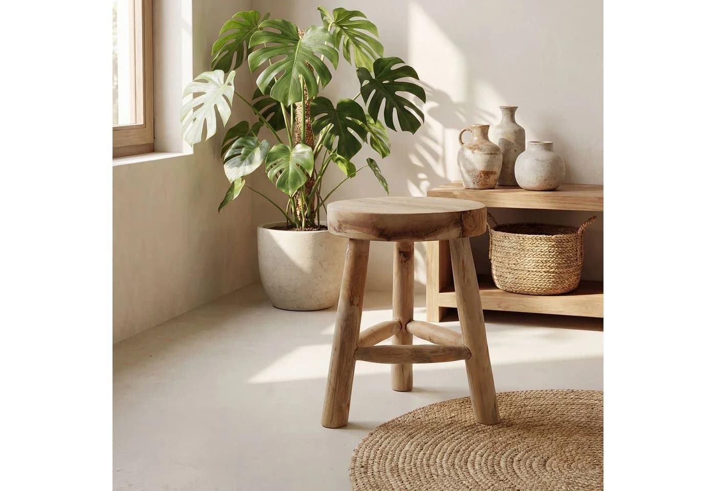 Licht-Erlebnisse Hocker BALI massivem Holz Beige Dreibein