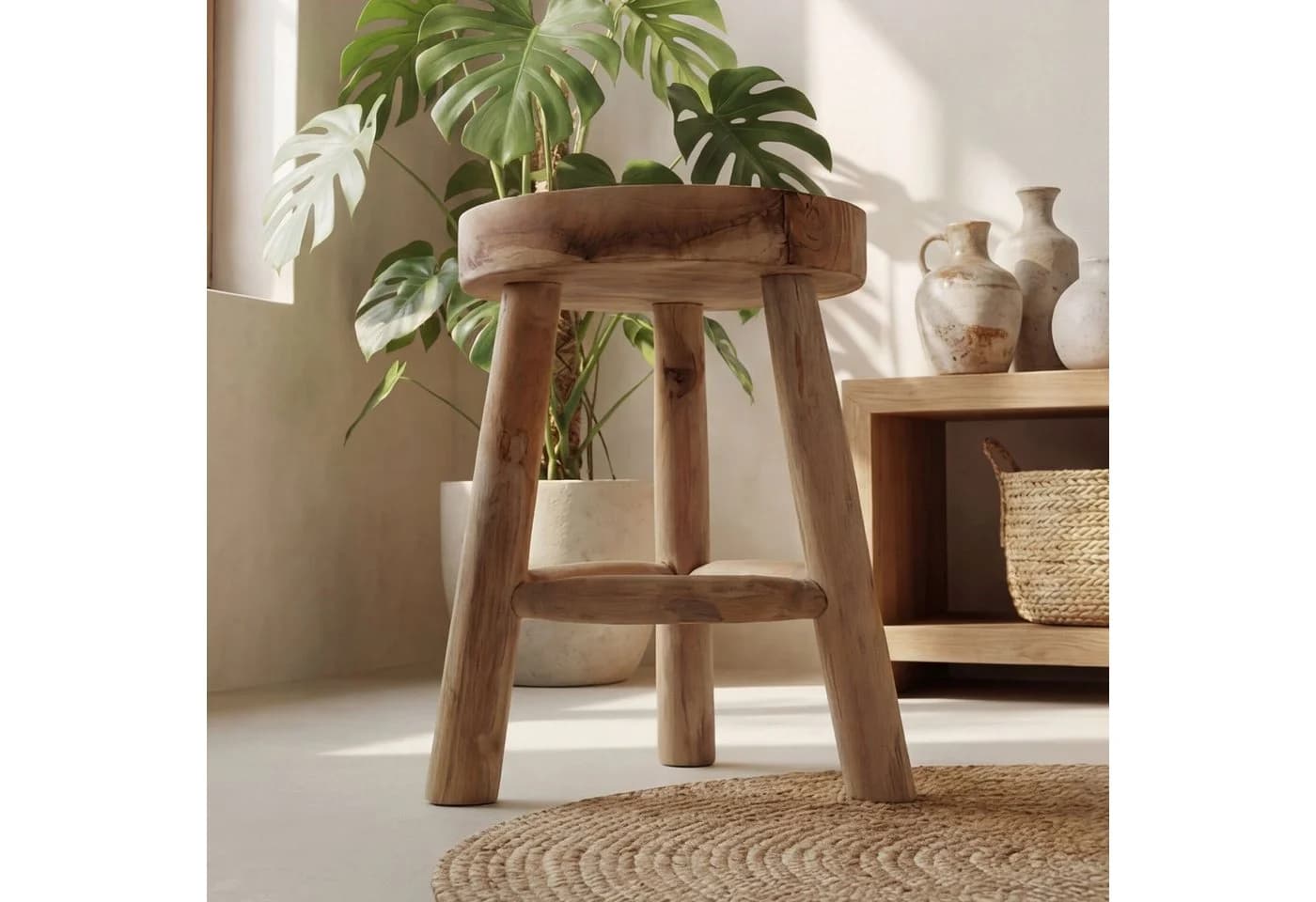 Licht-Erlebnisse Hocker BALI massivem Holz Beige Dreibein - Bild 3