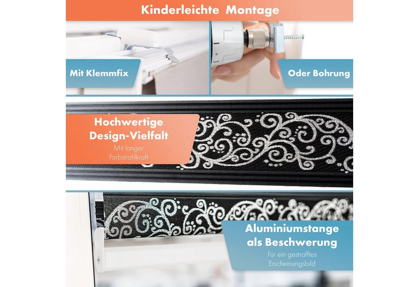 Bailena Doppelrollo Klemmfix Schwarz/Silber Ranken-Muster