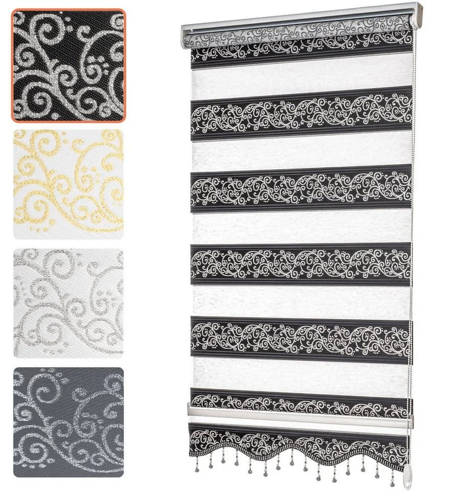 Bailena Doppelrollo Klemmfix Schwarz/Silber Ranken-Muster - Bild 2
