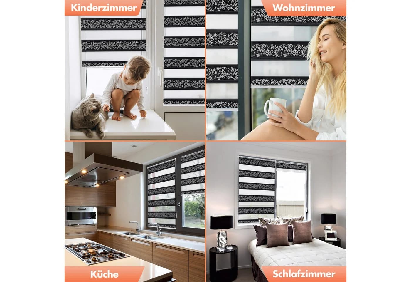Bailena Doppelrollo Klemmfix Schwarz/Silber Ranken-Muster - Bild 4