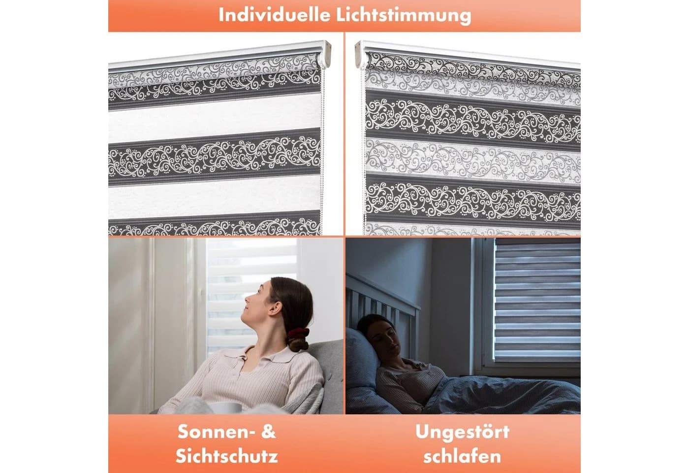 Bailena Doppelrollo Klemmfix Schwarz/Silber Ranken-Muster - Bild 5
