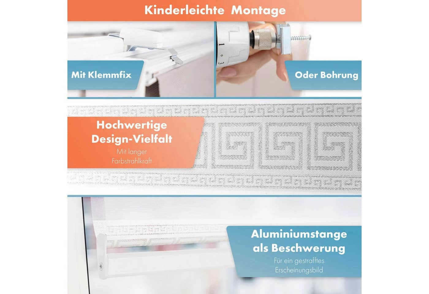 Bailena Doppelrollo mit Perlen Mäander Design Weiß/Silber Klemmfix