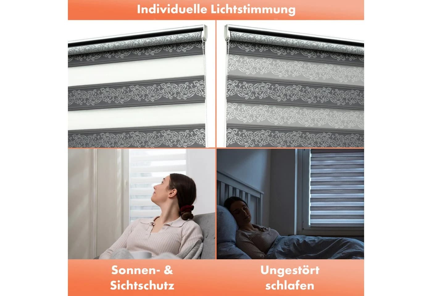 Bailena Doppelrollo ohne Bohren Duo Rollo grau/silber Blumenmotiv - Bild 5