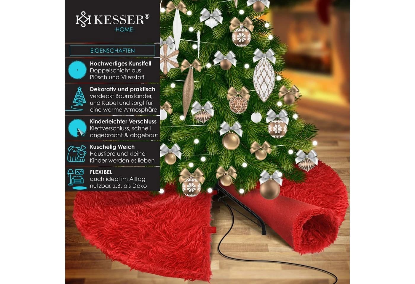 KESSER Weihnachtsbaumdecke Rot Kunstfell mit Klettverschluss