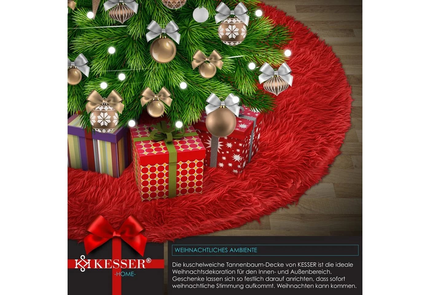 KESSER Weihnachtsbaumdecke Rot Kunstfell mit Klettverschluss - Bild 4
