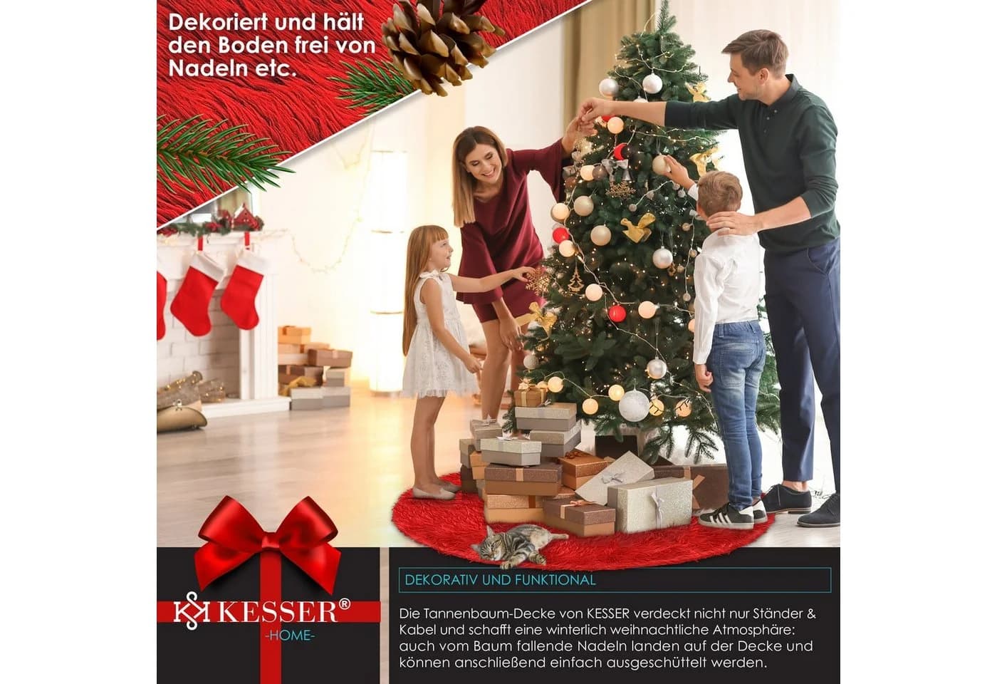 KESSER Weihnachtsbaumdecke Rot Kunstfell mit Klettverschluss - Bild 5