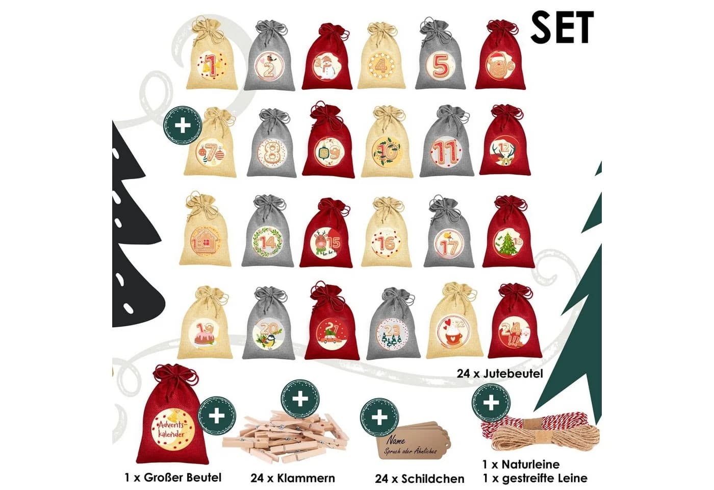 KESSER Adventskalender 24 Jutebeutel mit Klammern & Leinen Rot