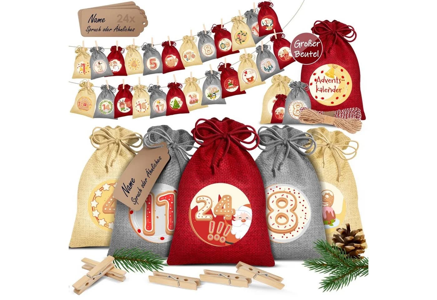 KESSER Adventskalender 24 Jutebeutel mit Klammern & Leinen Rot - Bild 2