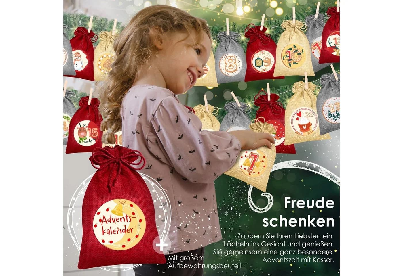 KESSER Adventskalender 24 Jutebeutel mit Klammern & Leinen Rot - Bild 3