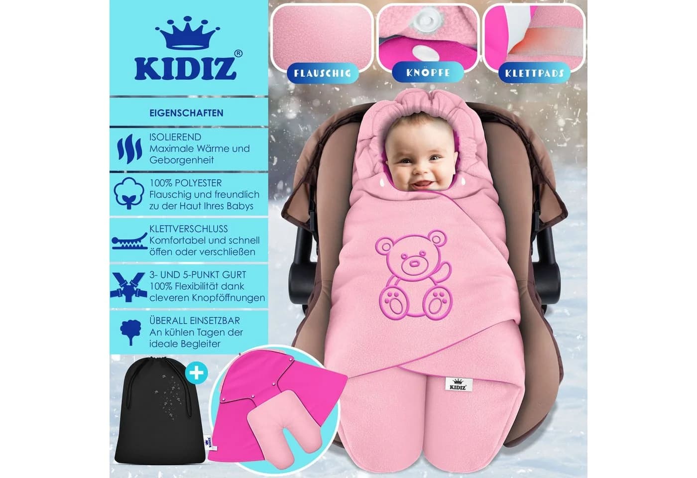 KIDIZ Baby Einschlagdecke Rosa Polyester mit Kapuze & Tasche