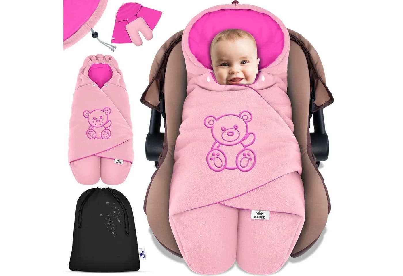 KIDIZ Baby Einschlagdecke Rosa Polyester mit Kapuze & Tasche - Bild 2